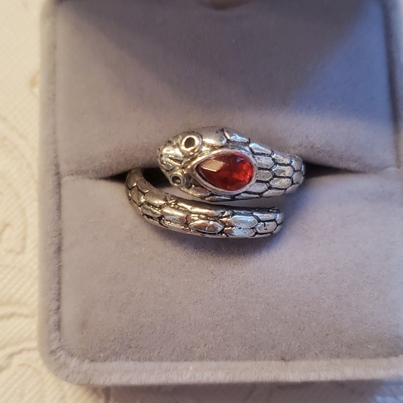 Silver Tone Snake Ring With Faux Ruby Serpant Wrap Around Size 7.5-8 - Picture 3 of 4